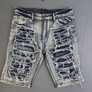 Men's Waimea Skinny Fit Blue Wash Destroyed Denim Shorts - 30‎